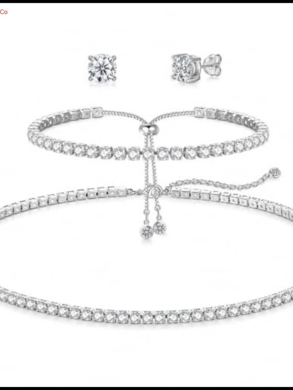 3 Pc Rhinestone Tennis Jewelry Set Necklace Bracelet Stud Earrings Silver Tone